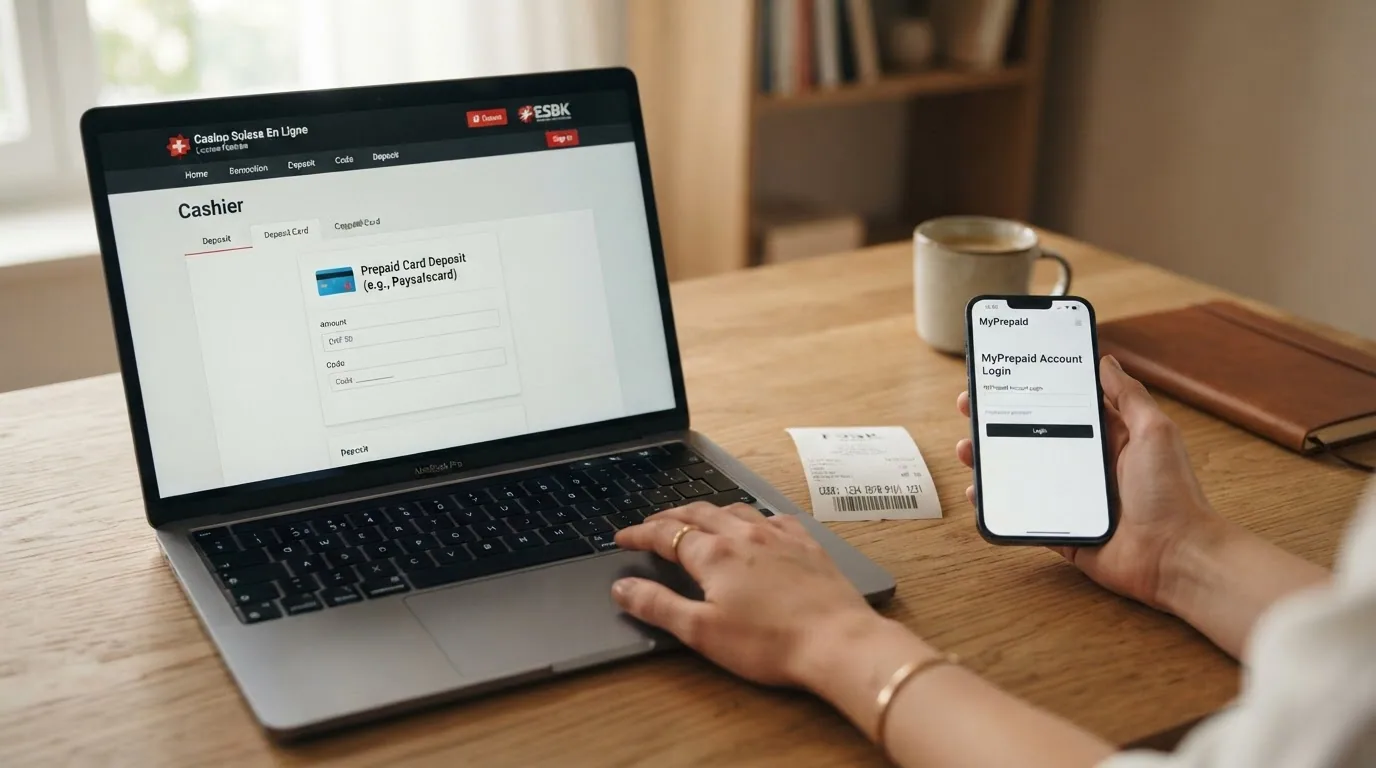 Ein Schreibtisch-Setup mit Laptop (Casino-Kassenbereich geöffnet), daneben ein Handy mit myPaysafecard-Login und ein Paysafecard-Kassenzettel.