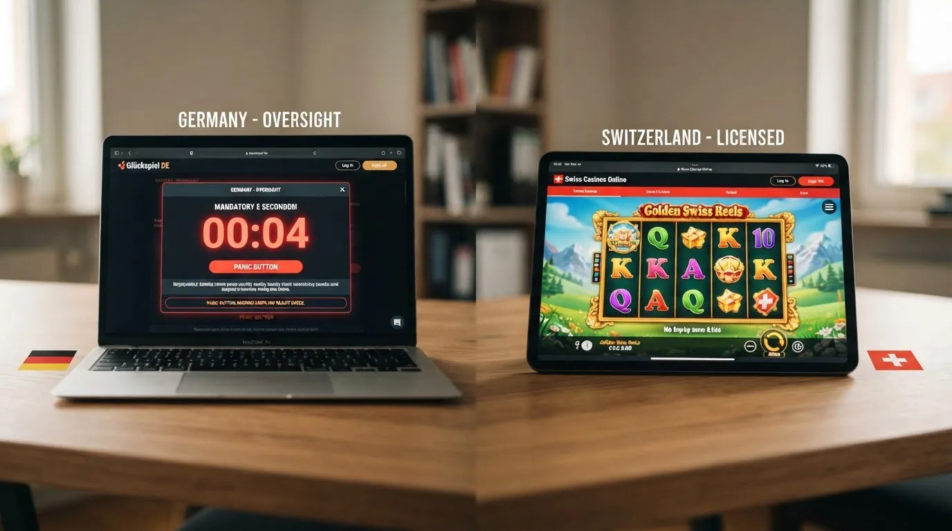 Geteilte Grafik: Links ein deutsches Casino-Interface mit eingeblendetem 5-Sekunden-Countdown, rechts ein Schweizer Casino ohne Countdown.