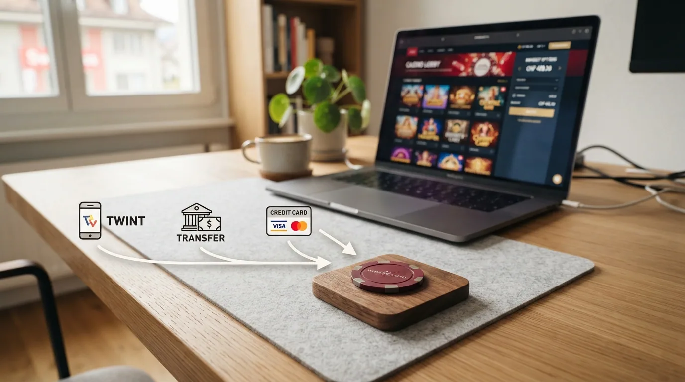 Drei Zahlungssymbole — TWINT-Logo PostFinance-Logo und Kreditkarten-Icon — mit Pfeilen zu einem Casino-Symbol