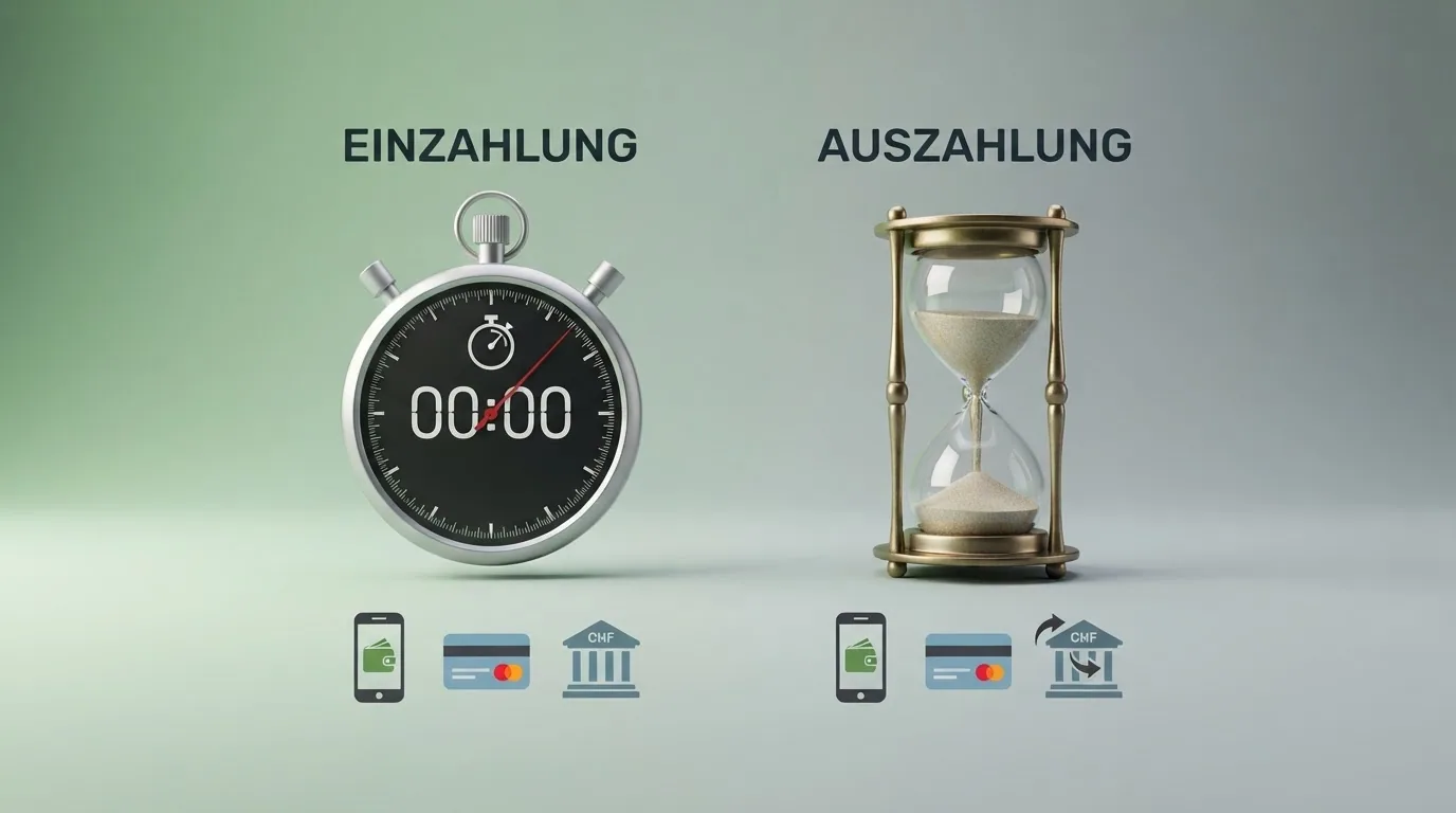 Zwei Uhren nebeneinander — eine Stoppuhr die auf Sekunden steht für die Einzahlung und eine Sanduhr für die Banküberweisung bei der Auszahlung