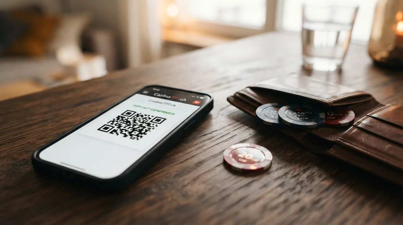 Nahaufnahme eines Smartphone-Bildschirms mit einem CashtoCode-Barcode, daneben eine geöffnete Geldbörse mit Schweizer Banknoten