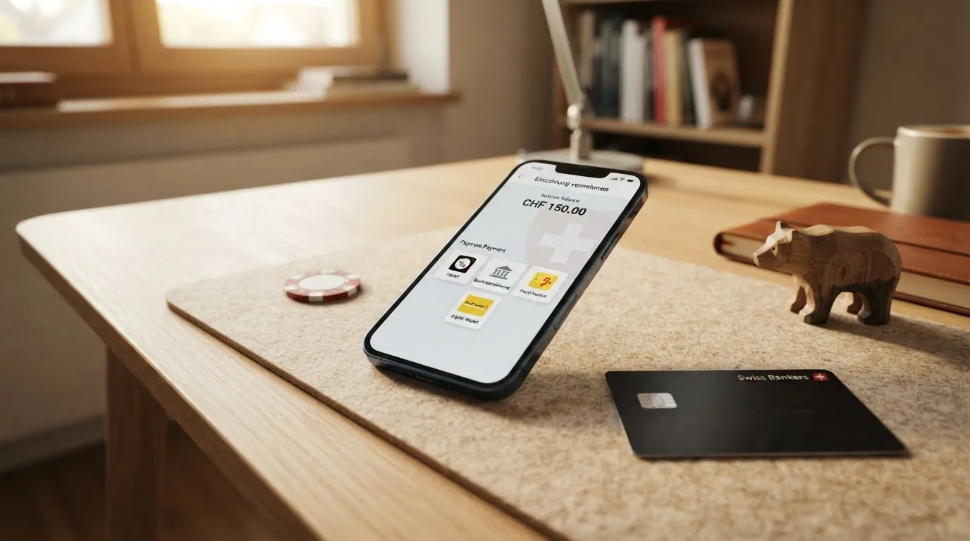 TWINT-, PostFinance- und Apple-Pay-Logos auf einem Smartphone mit Casino-Hintergrund