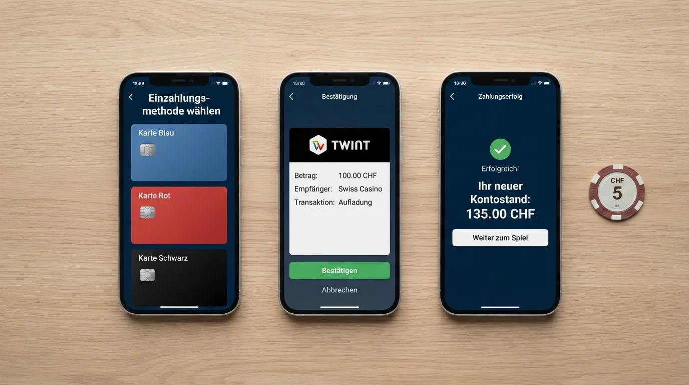 Drei Schweizer Zahlungs-Apps (TWINT, PostFinance, Kreditkarte) nebeneinander auf einem Smartphone-Display im Casino-Kassenbereich