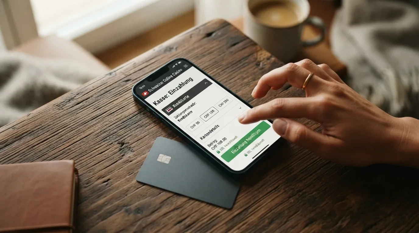Ein Smartphone mit geöffneter Casino-Cashier-Seite, darauf die Auswahl «Kreditkarte», daneben eine Revolut-Visa-Karte
