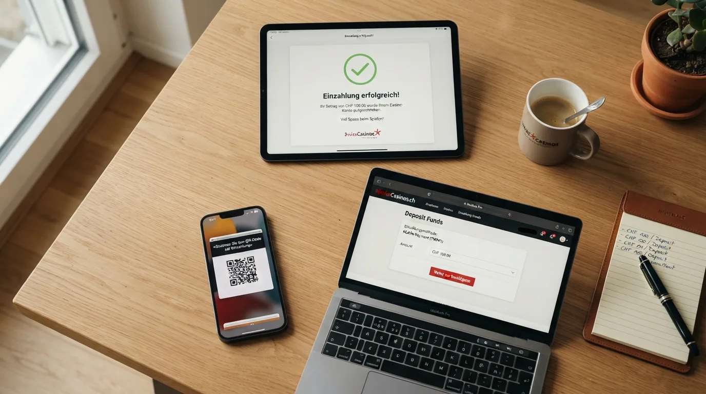 Drei nummerierte Schritte: Smartphone mit TWINT-QR-Code, Casino-Einzahlungsformular, Bestätigungsbildschirm