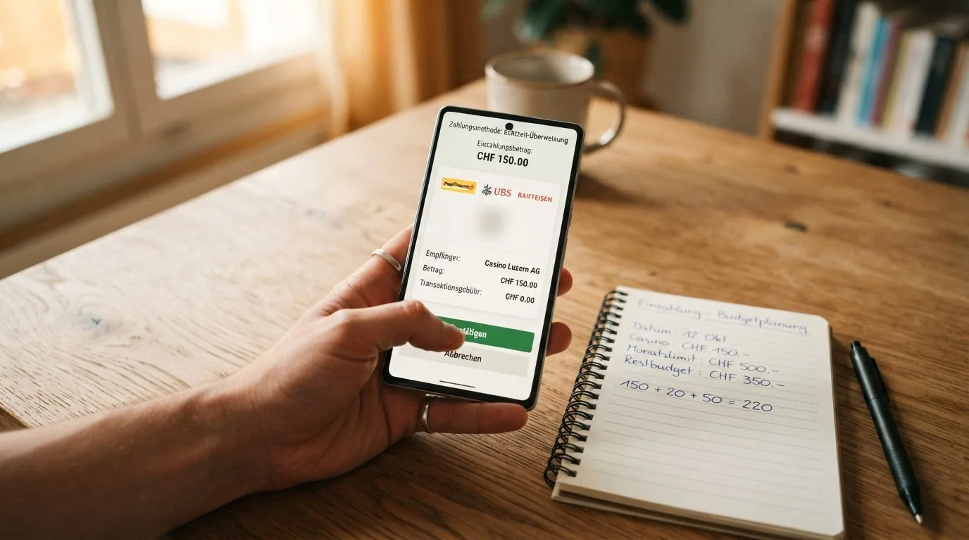 Schematische Darstellung des Einzahlungsprozesses: Casino-Kasse, Klarna-Login, Bank-Bestätigung, Spielbereitschaft