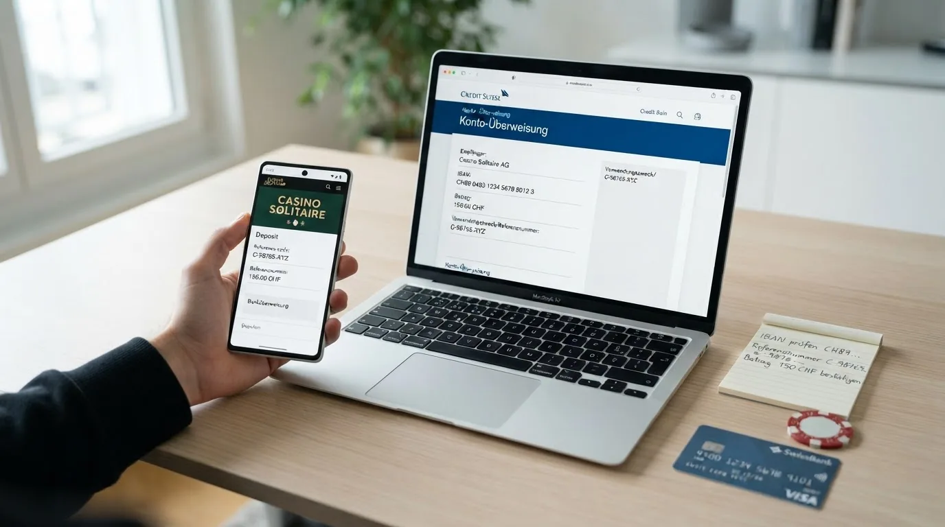 Ein schematischer Ablauf der Casino-Einzahlung per Banküberweisung mit den Stationen Online-Banking, Casino-Zahlungsseite und Spielguthaben