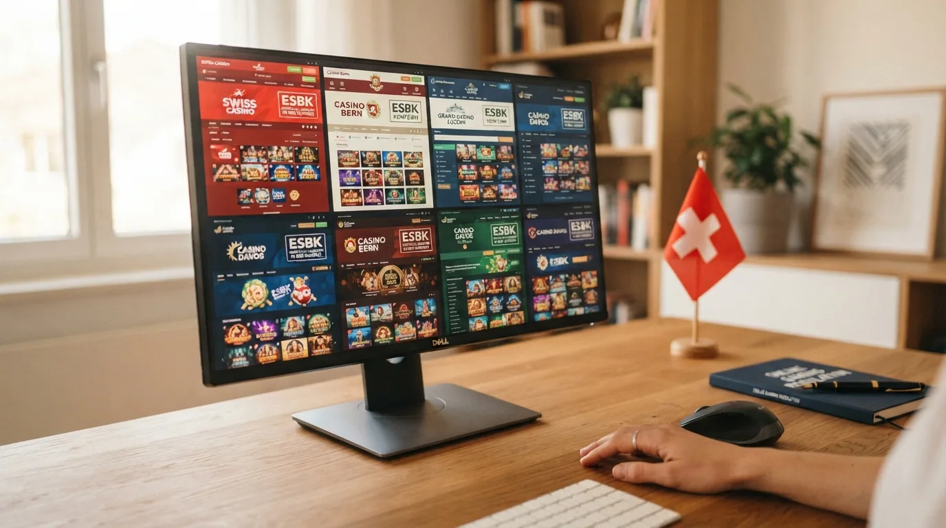 Collage der Startseiten der zehn ESBK-lizenzierten Schweizer Online-Casinos