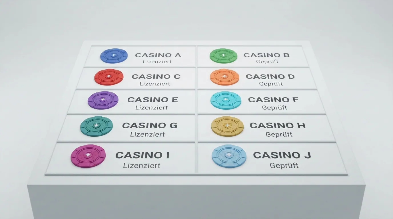 Zehn Casino-Logos in einer übersichtlichen Tabellenstruktur, jedes mit Häkchen bei «Lizenz» und «Visa/Mastercard»