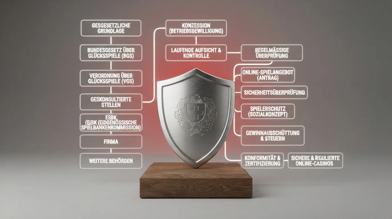 Offizielles ESBK-Logo neben dem Titel des Geldspielgesetzes, darunter eine stilisierte Darstellung des Konzessionssystems.