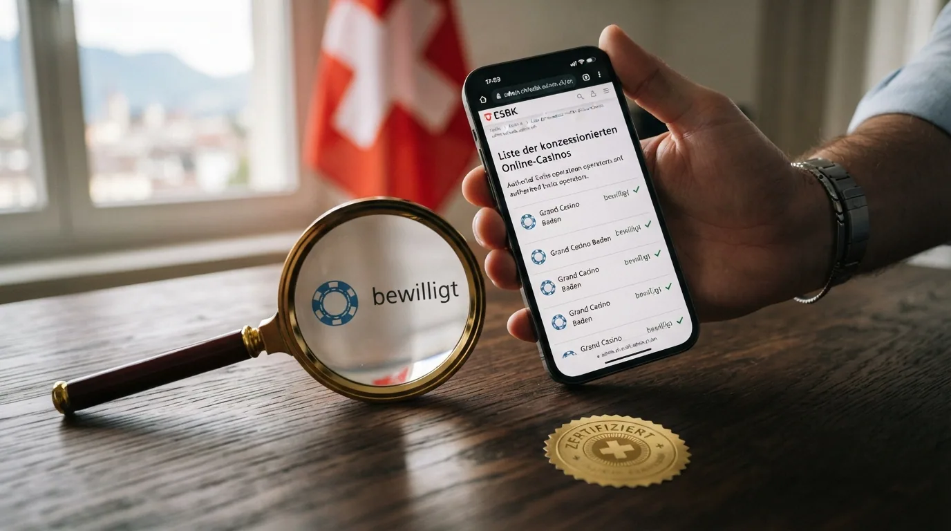 Ein offiziell aussehendes Dokument mit ESBK-Logo und einer Lupe über dem Wort «bewilligt»