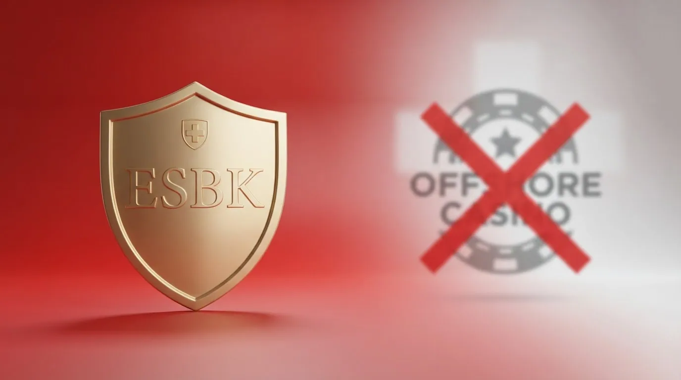 Geteilte Grafik: links ESBK-Siegel mit «geschützt», rechts durchgestrichenes Offshore-Logo mit «auf eigenes Risiko»
