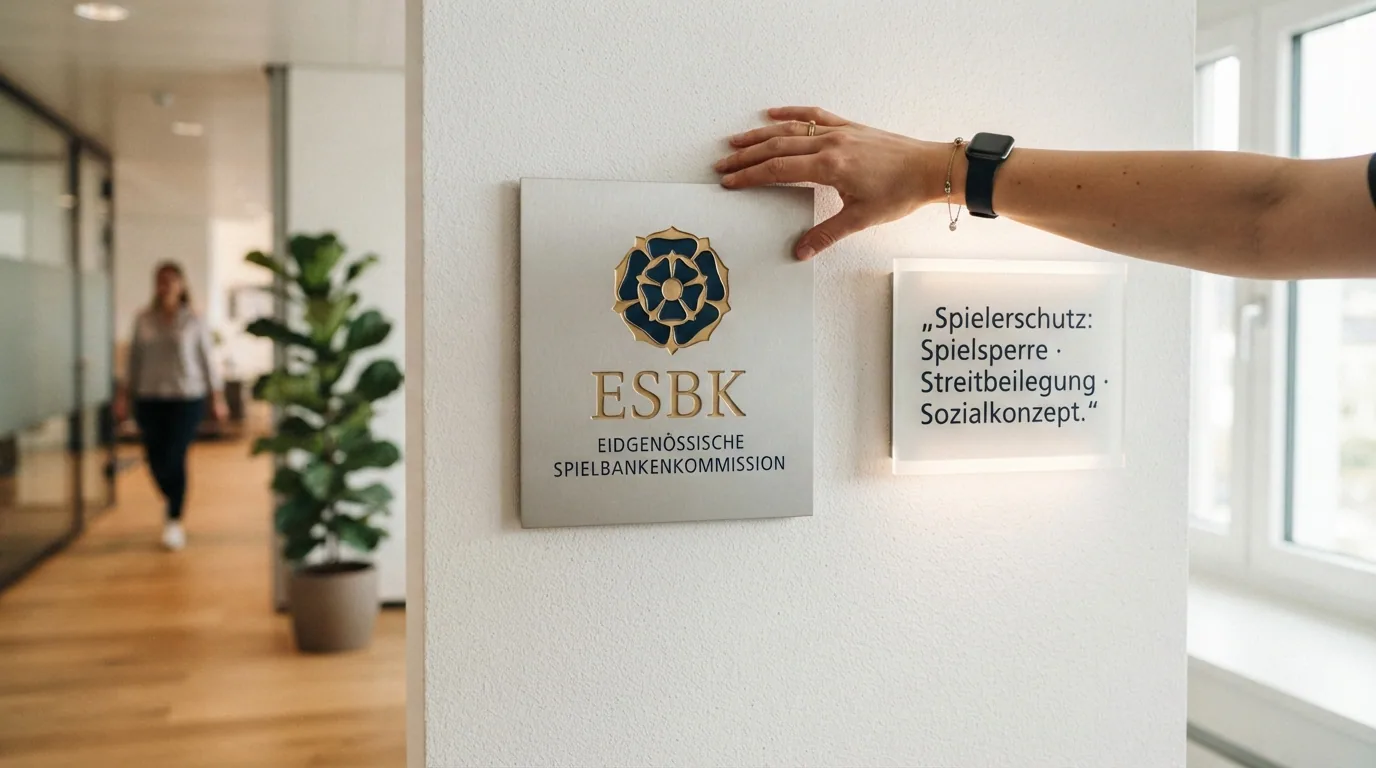 ESBK-Logo neben einem Schild mit «Spielerschutz: Spielsperre · Streitbeilegung · Sozialkonzept»
