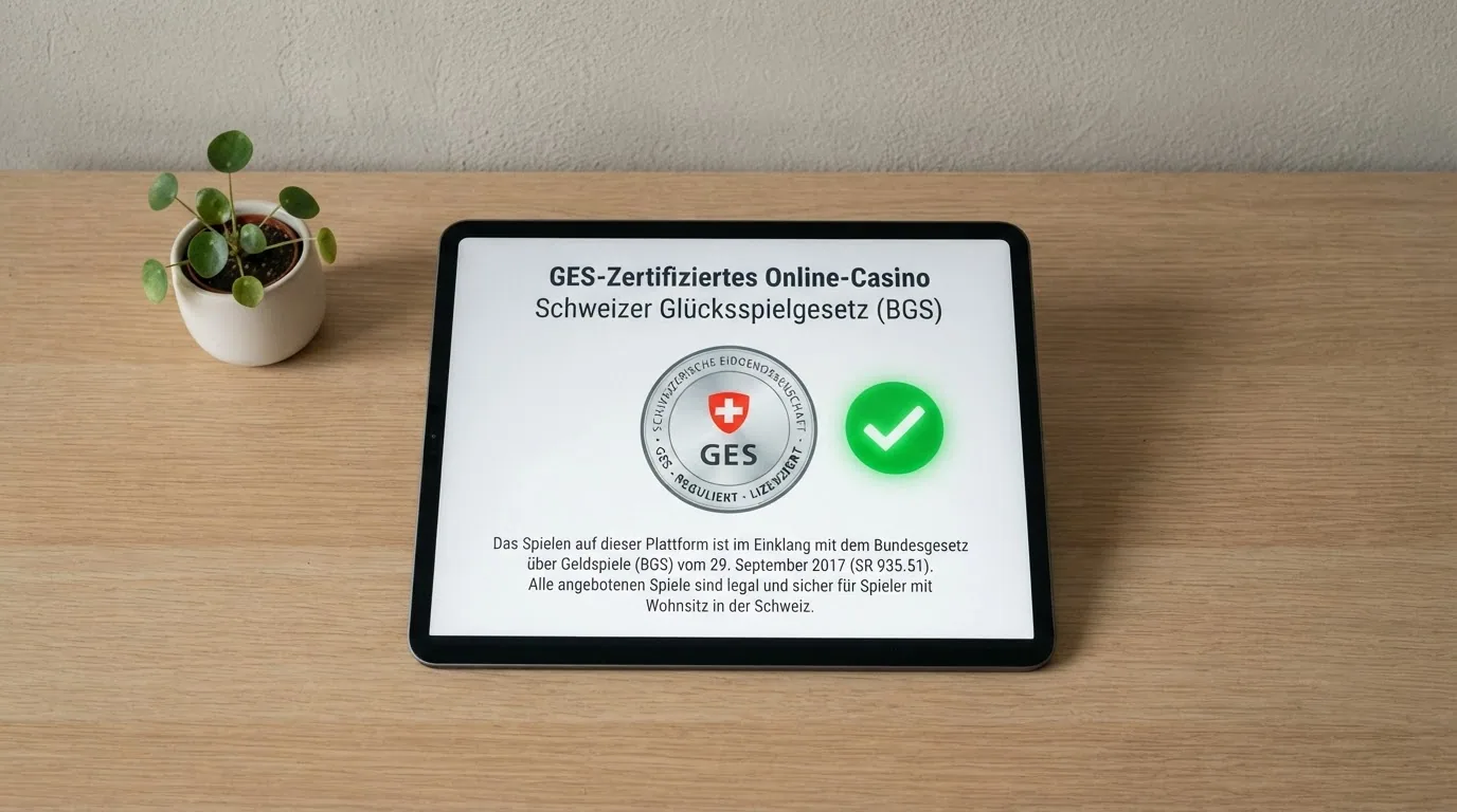 Offizielles ESBK-Logo neben dem Bundesgesetz über Geldspiele (BGS) auf einem Bildschirm, mit einem grünen Haken für «bewilligt»