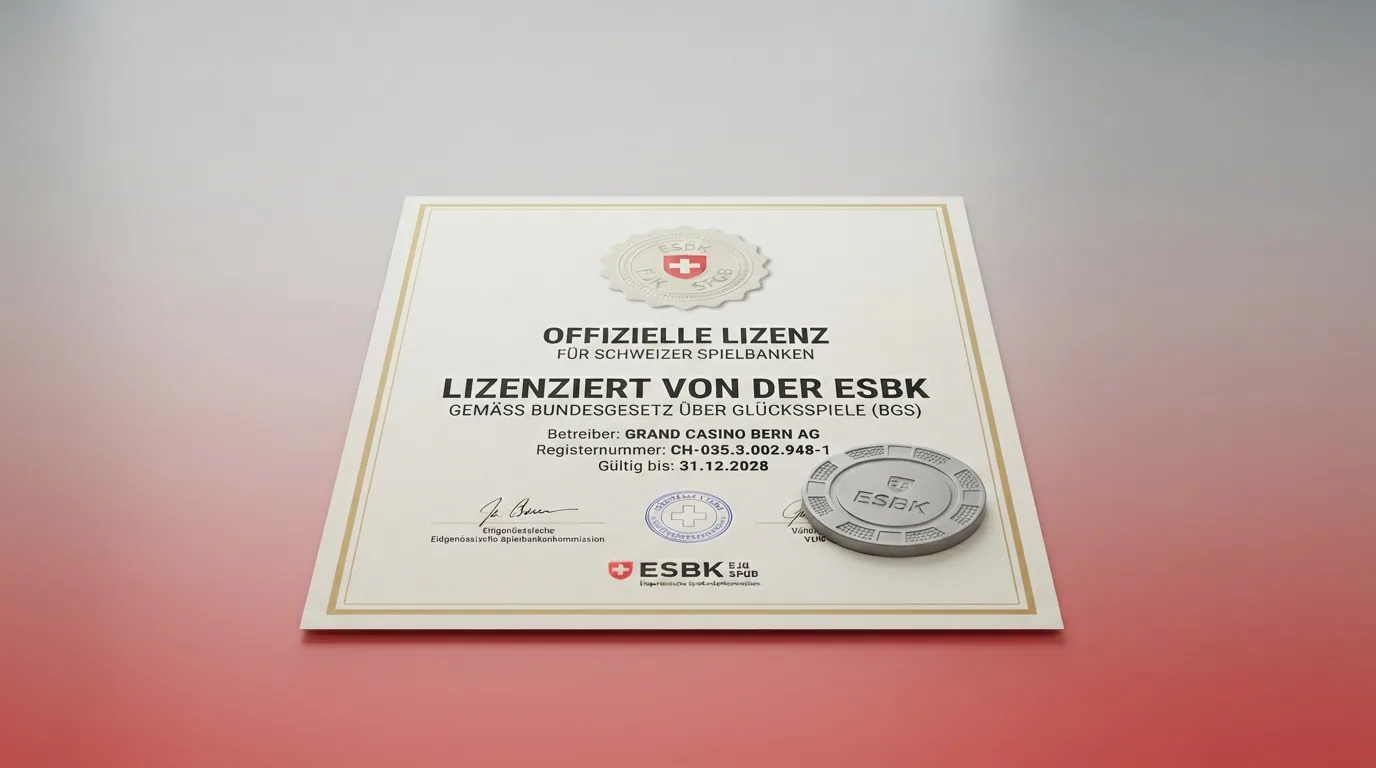 Offizielles ESBK-Logo neben Bundesordner mit Aufschrift Geldspielgesetz, Schweizer Flagge dezent im Hintergrund