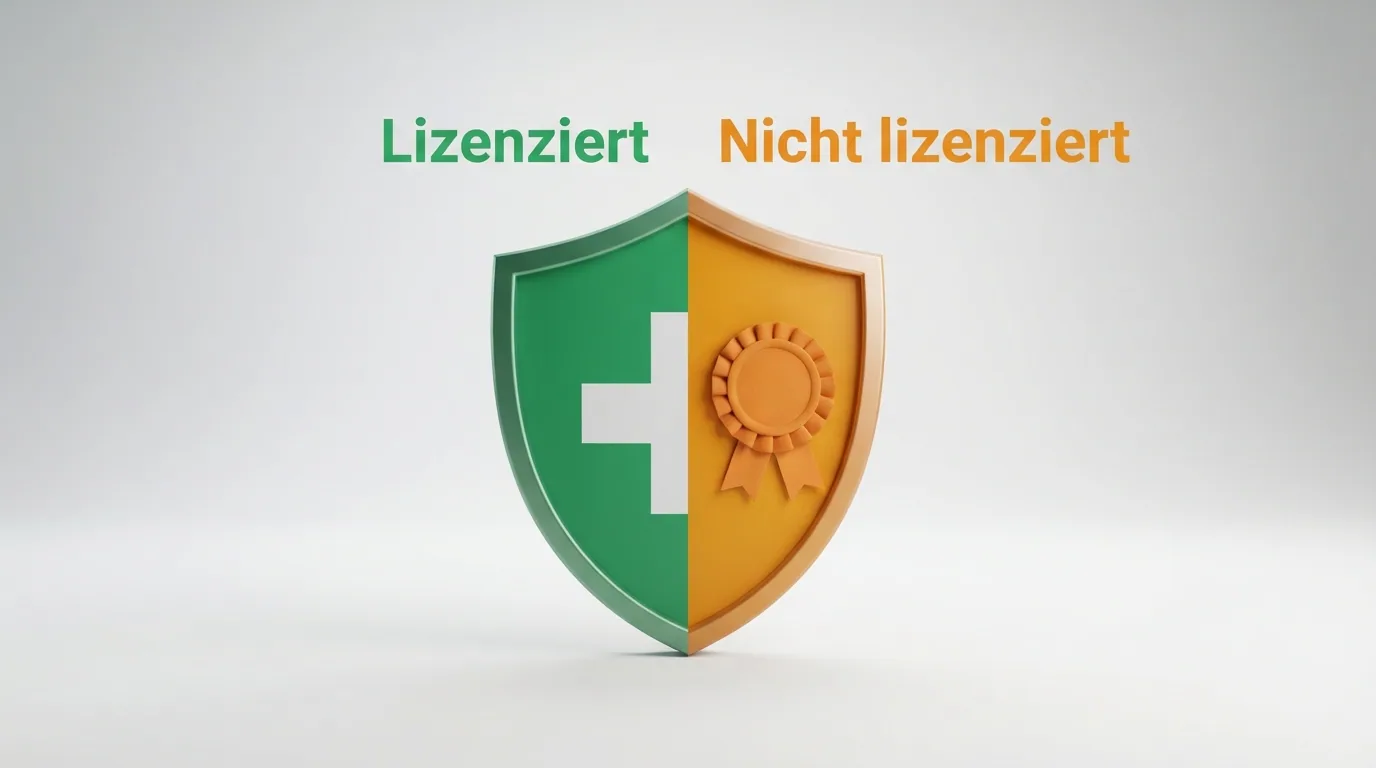 Eine stilisierte Schweizer Flagge als Schutzschild neben einem Warnsymbol auf einem Bildschirm — dargestellt als klare Zweiteilung