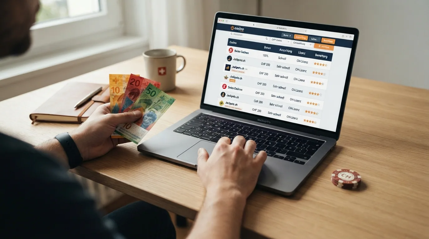 Hand mit Schweizer Franken-Noten vor einem geöffneten Laptop, auf dem eine Casino-Startseite und eine Vergleichstabelle zu sehen sind