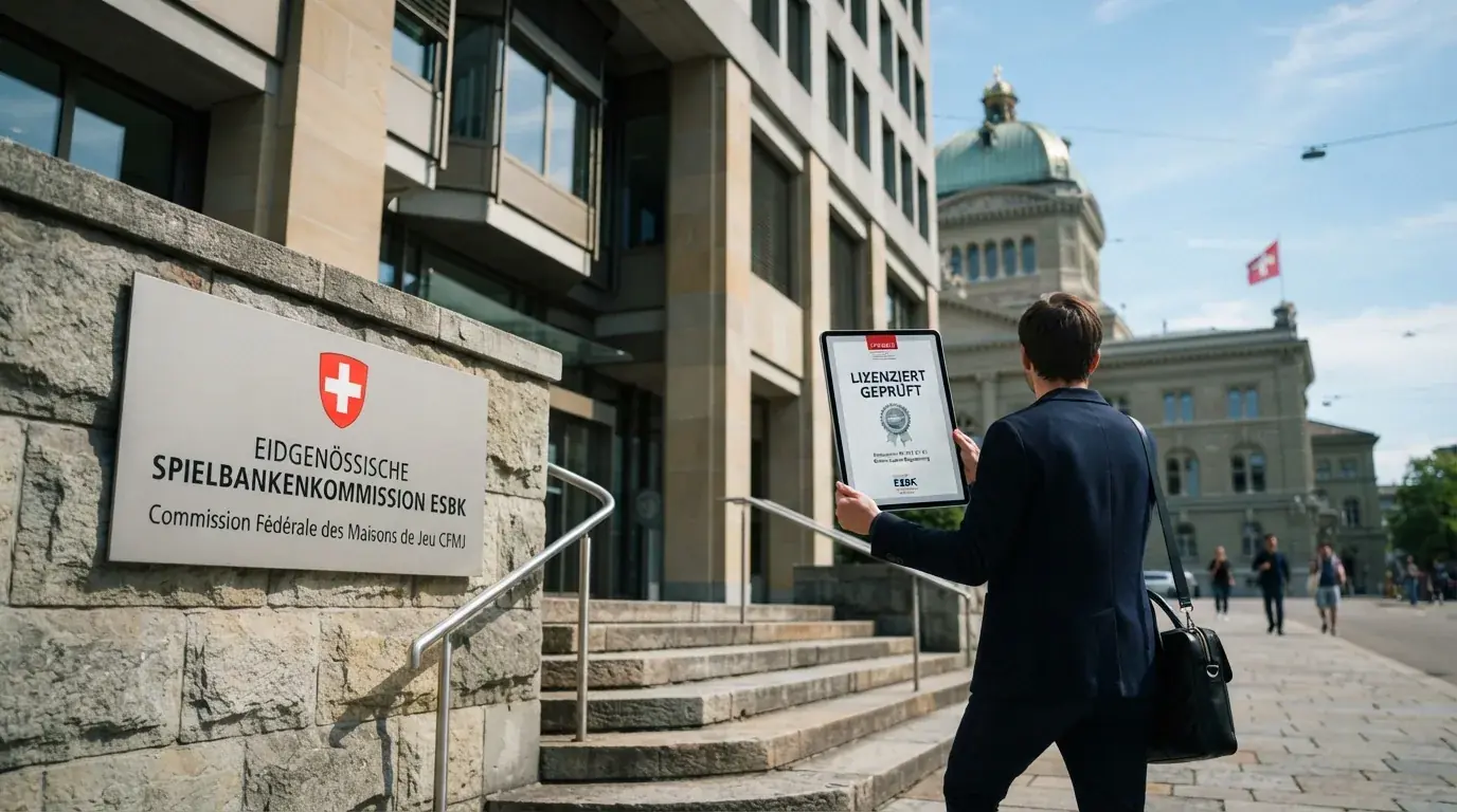 Das Gebäude der Eidgenössischen Spielbankenkommission in Bern mit dem Bundeswappen