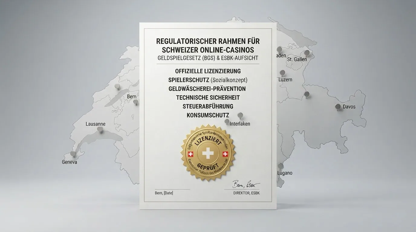 Offizielles Dokument mit ESBK-Siegel neben einer gerasterten Schweiz-Karte mit markierten Konzessionszonen