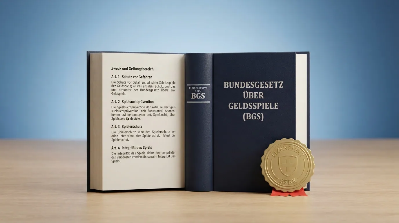Das offizielle ESBK-Logo neben einem aufgeschlagenen Gesetzbuch mit dem Titel «Bundesgesetz über Geldspiele», im Hintergrund das Bundeshaus