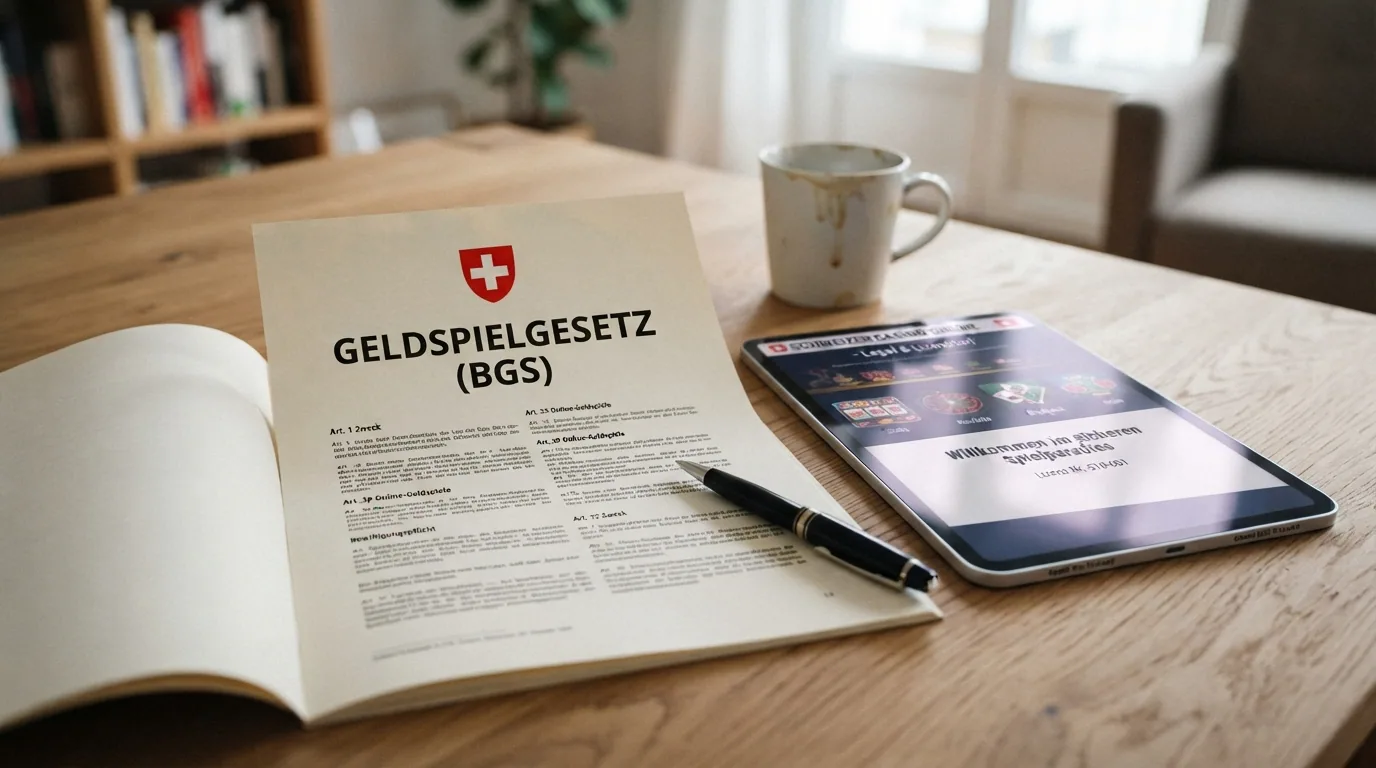 Ein amtliches Dokument mit dem Schweizer Kreuz und dem Titel «Geldspielgesetz (BGS)» neben einem Tablet mit einer Casino-Seite im Hintergrund