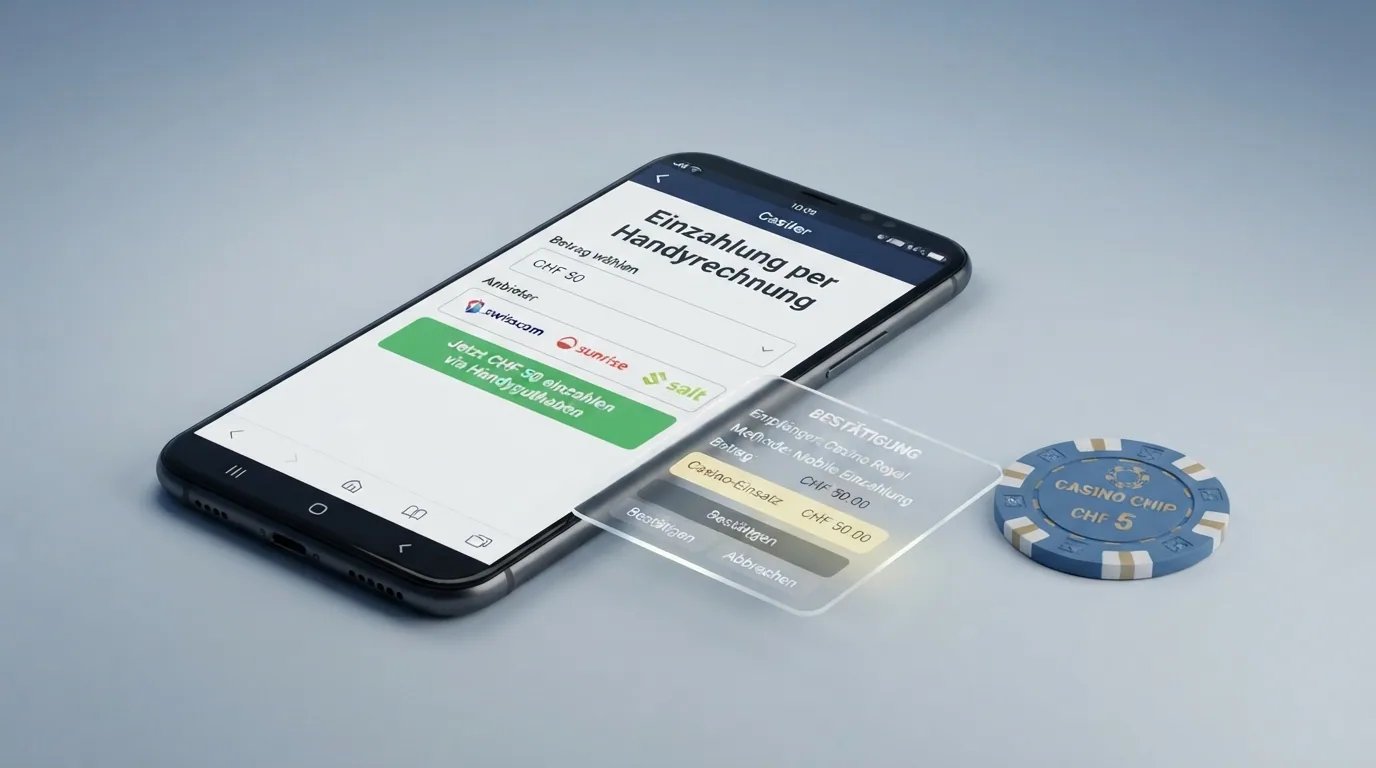 Schema-Darstellung: Smartphone mit Einzahlungsbildschirm, daneben Mobilfunkrechnung mit hervorgehobenem Casino-Posten