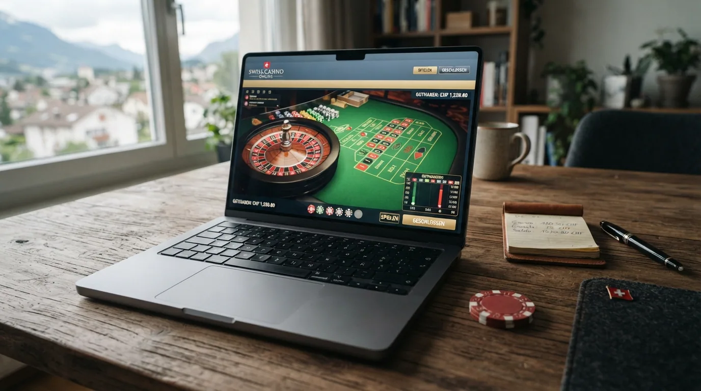 Ein Spieler sitzt an einem sauber aufgeräumten Schreibtisch mit Laptop, Kaffeetasse und einem geöffneten lizenzierten Casino im Browser — kein Rechnungsstapel im Bild