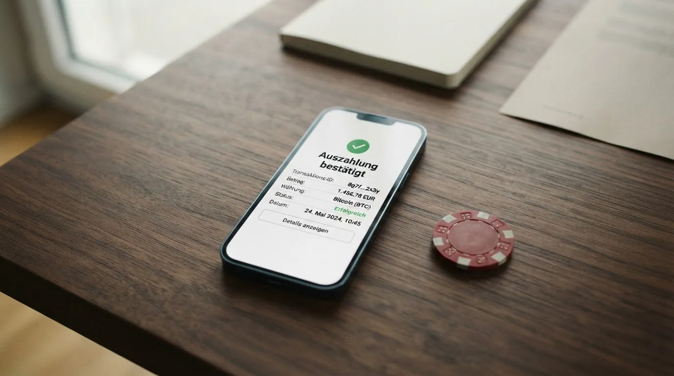 Eine Bitcoin-Münze vor einem Casino-Interface mit der Anzeige «Auszahlung bestätigt»