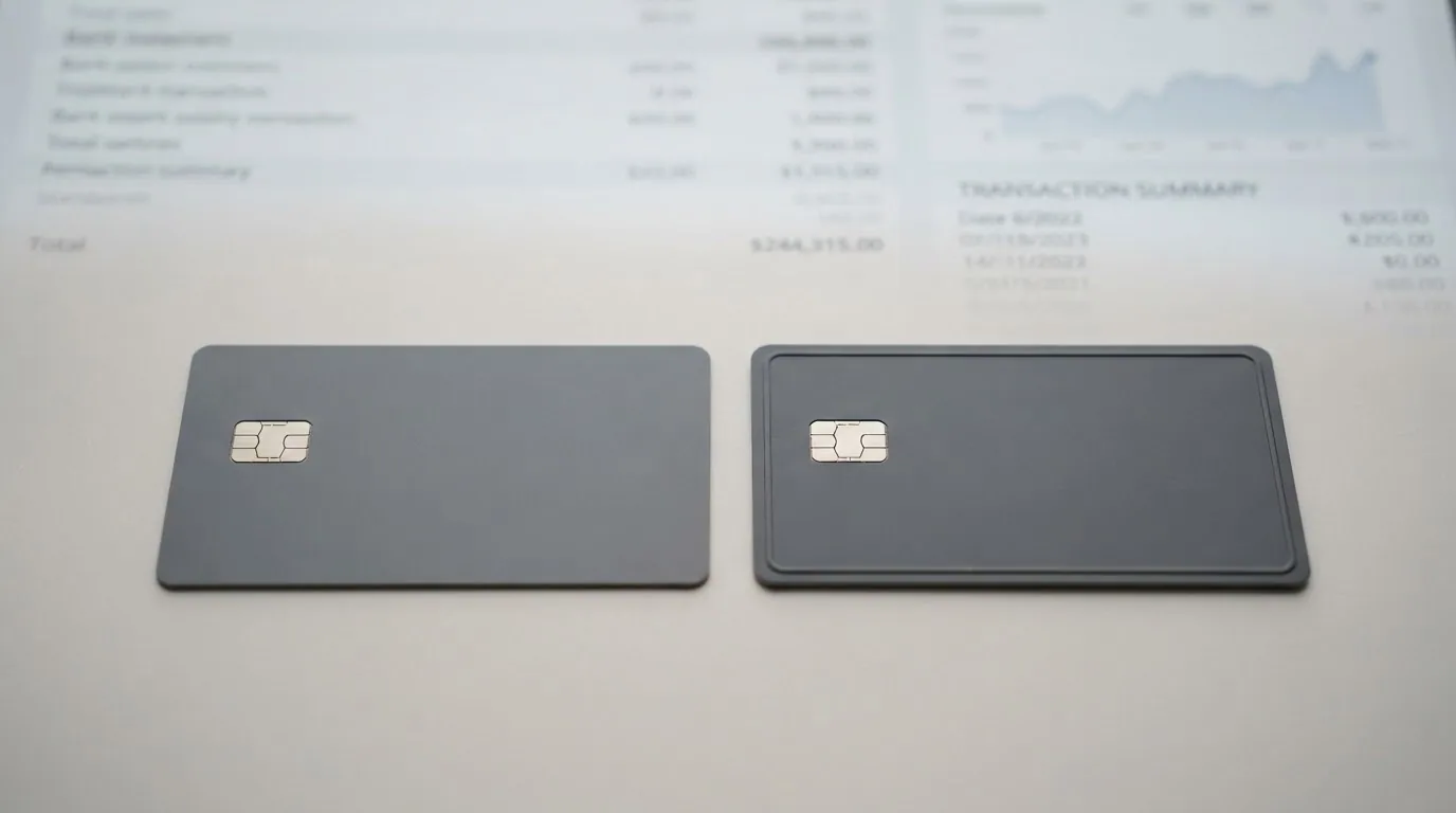 Zwei Mastercard-Karten nebeneinander — eine Debit-Karte mit Girokonto-Hintergrund, eine Kreditkarte mit Rechnungssymbol