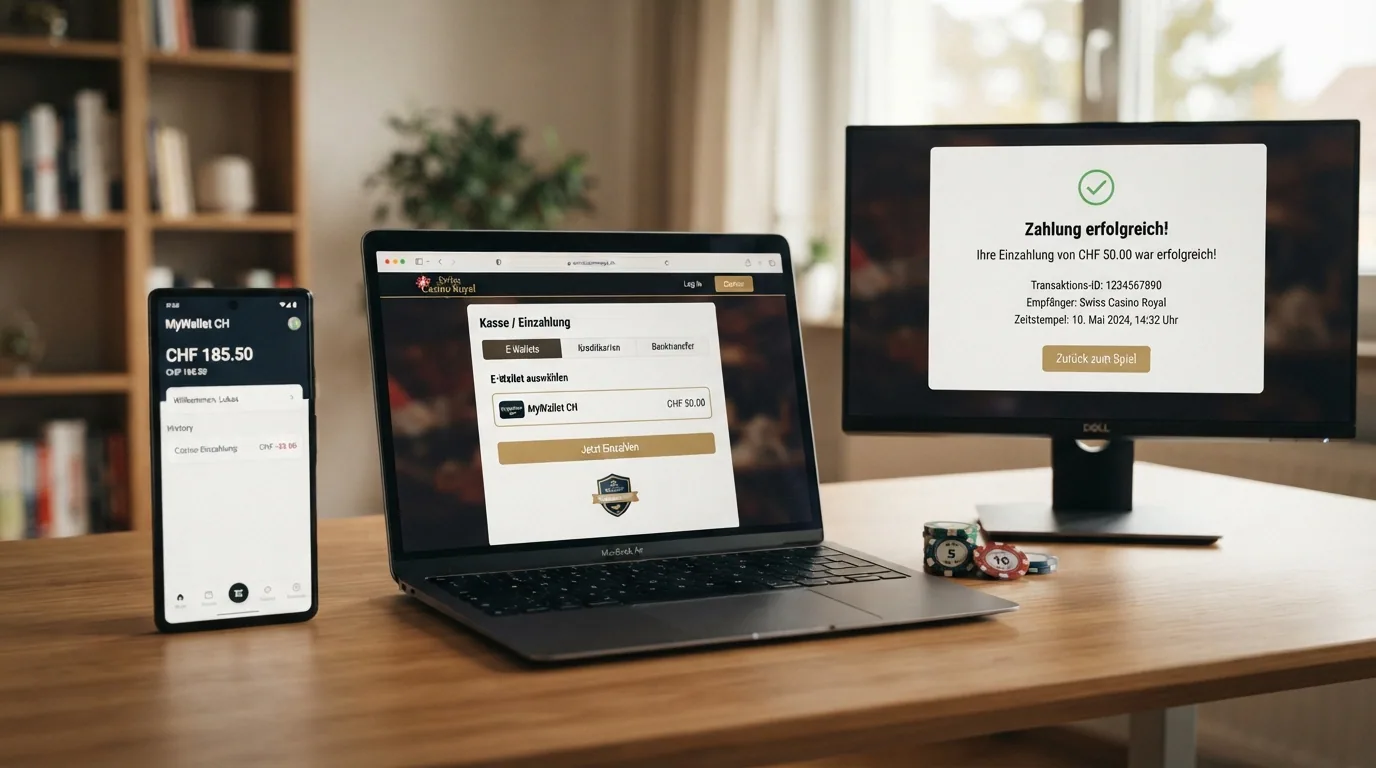 Dreischritt-Darstellung: MiFinity-Konto aufladen, Casino-Kasse öffnen, Einzahlung bestätigen — mit Symbolen für CHF 10 Minimum und sofortiger Gutschrift