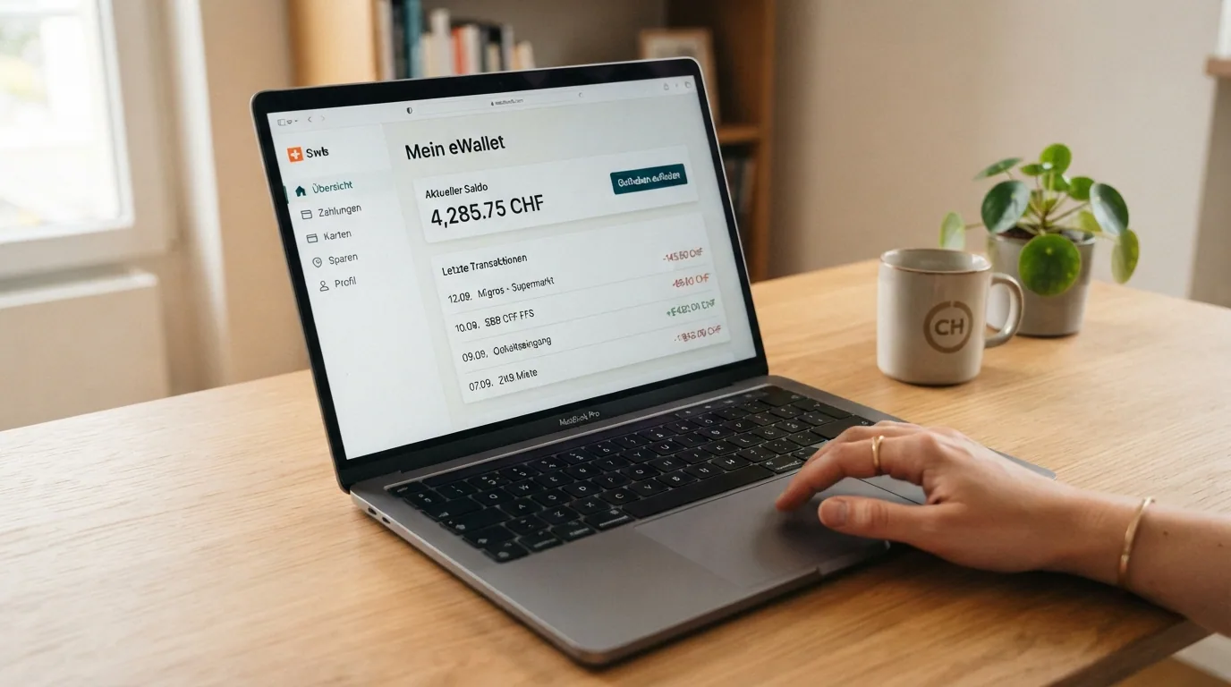 Das MiFinity-Dashboard mit CHF-Kontostand, Einzahlungs- und Auszahlungsoptionen auf einem Laptop-Bildschirm