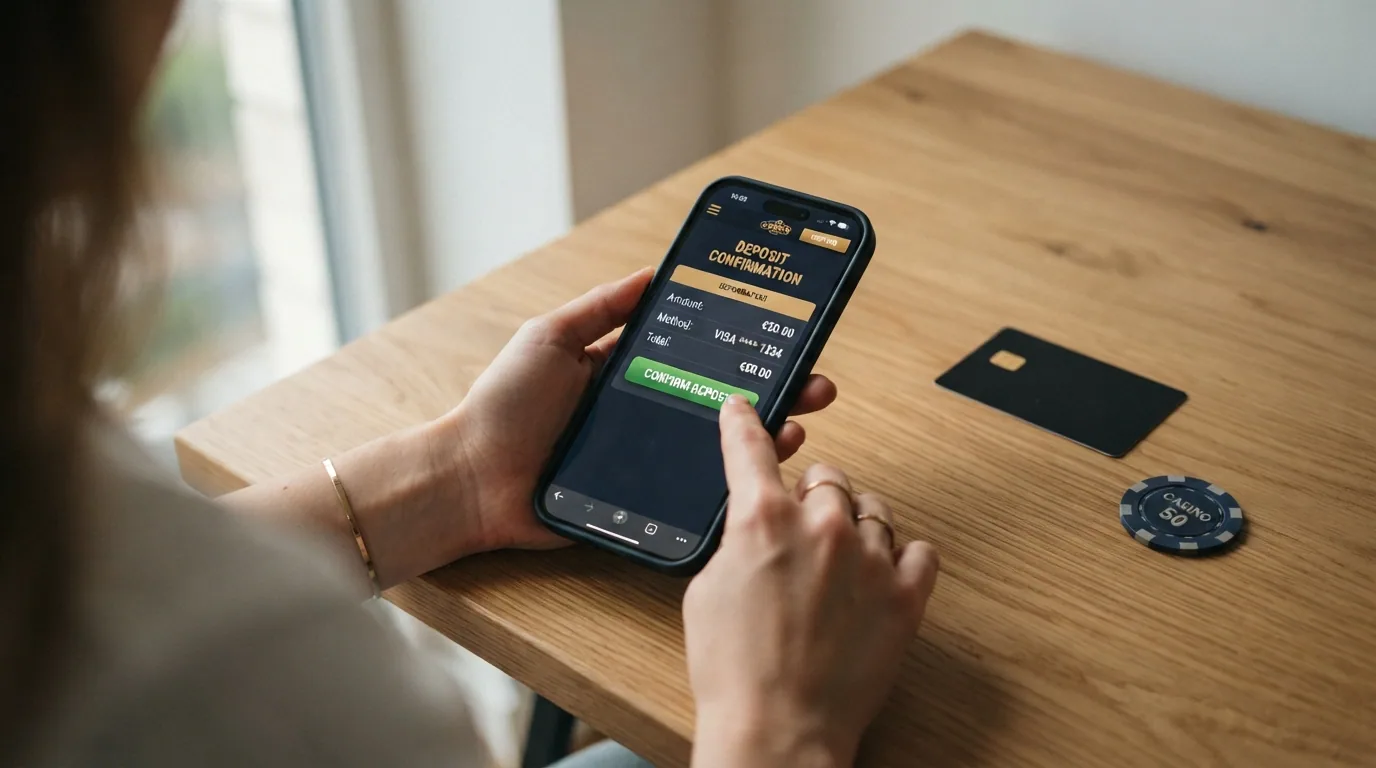 Schematische Darstellung des Einzahlungsvorgangs: Smartphone mit MuchBetter-App, Pfeil zum Casino-Logo