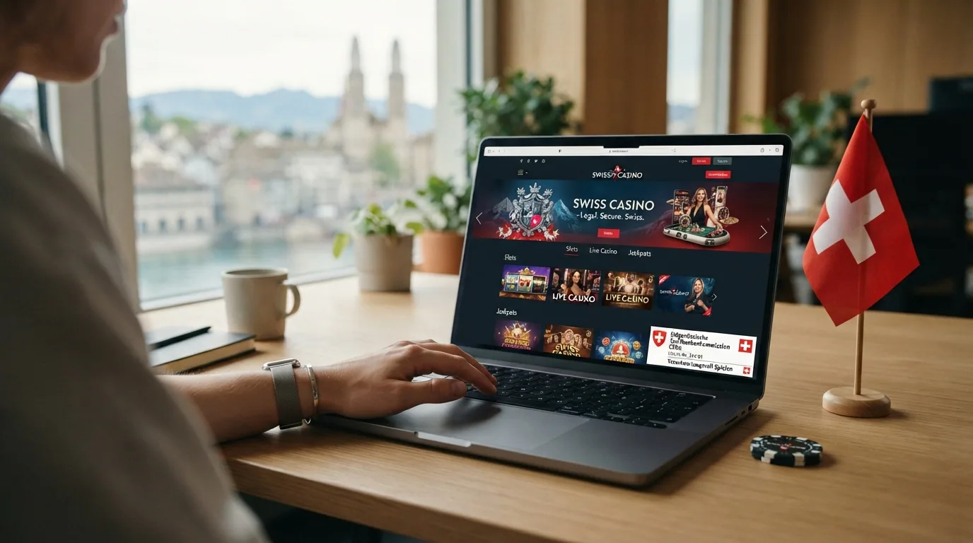Startseite eines neu lizenzierten Schweizer Online Casinos mit sichtbarem ESBK-Lizenzhinweis