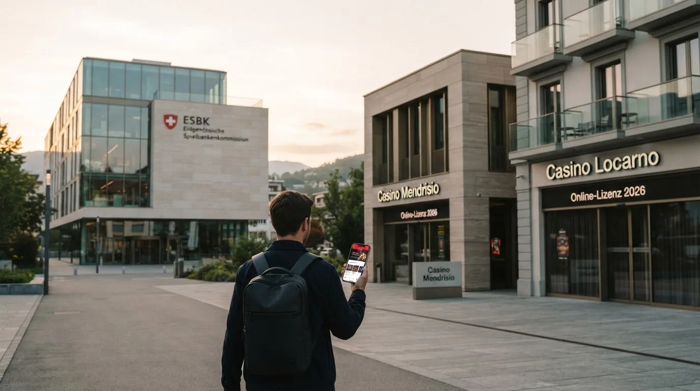 Das ESBK-Gebäude im Hintergrund und zwei neue Casino-Gebäude (Mendrisio, Locarno) im Vordergrund mit dem Schriftzug «Online-Lizenz 2026»