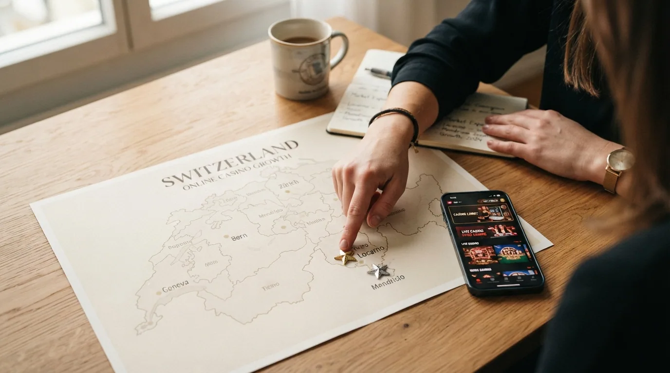Eine stilisierte Karte der Schweiz mit Markierungen an den Standorten Locarno und Mendrisio