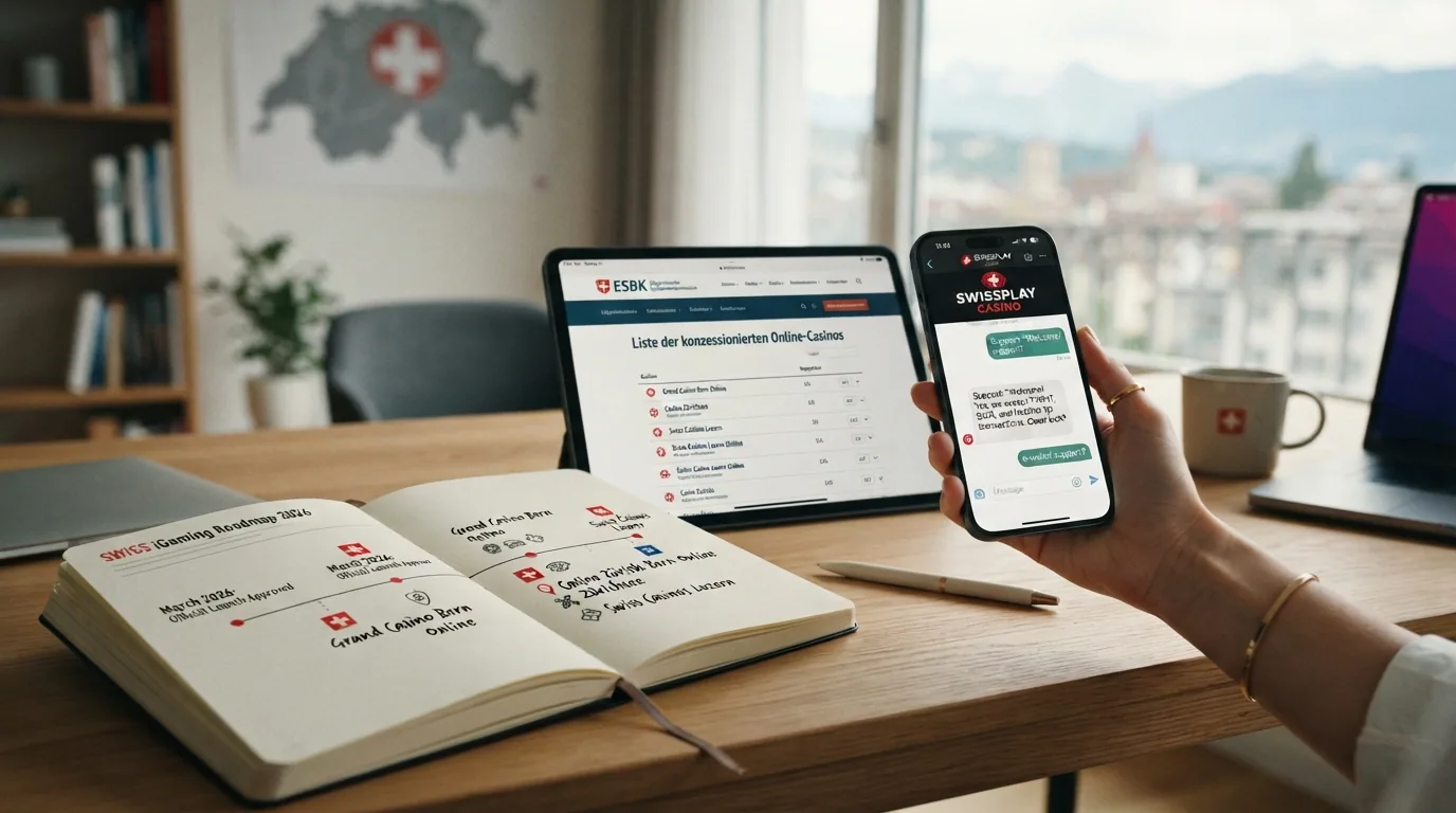 Stilisierter Kalender mit Datumsstempel 2026 und zwei Casino-Logos (admiral, gamrfirst) auf einer Schweizer Karte