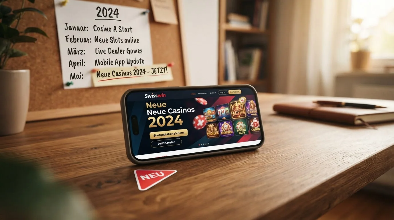 Kalenderblatt mit Jahr 2026 und Casino-Logos, daneben ein «Neu»-Schild