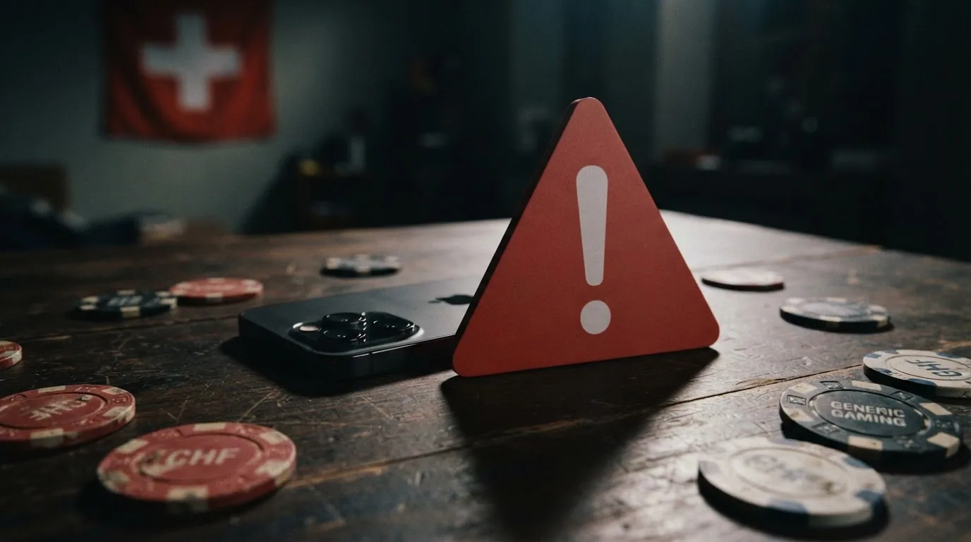 Warnsymbol über einem Bildschirm mit gesperrter Casino-Webseite und Schweizer Flagge