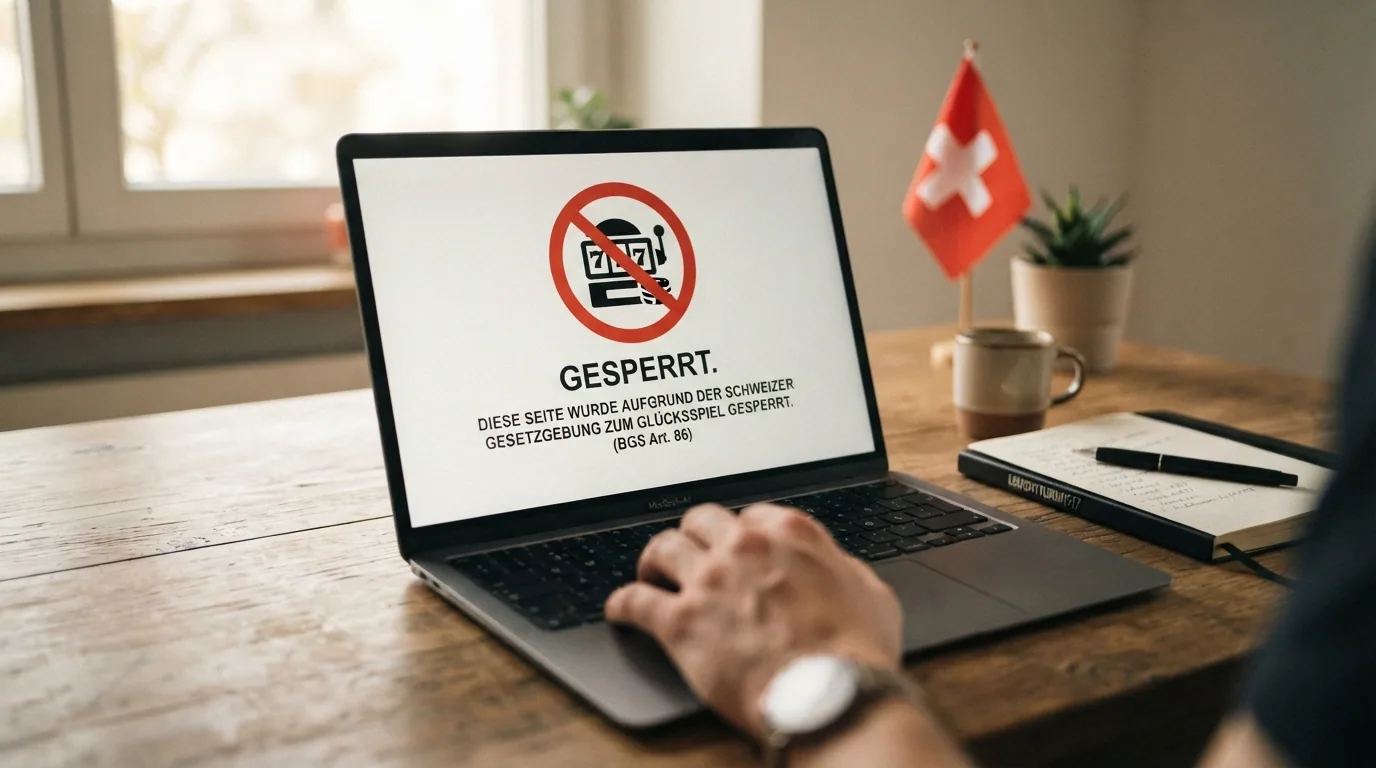 Browser-Fenster mit DNS-Sperrmeldung und durchgestrichenem Casino-Logo