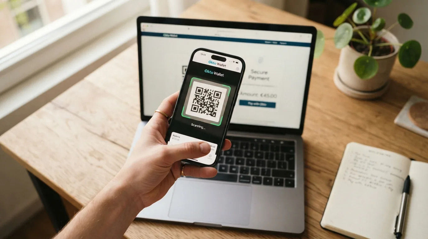 Smartphone mit Okto-App beim Scannen eines QR-Codes auf einem Laptop-Bildschirm