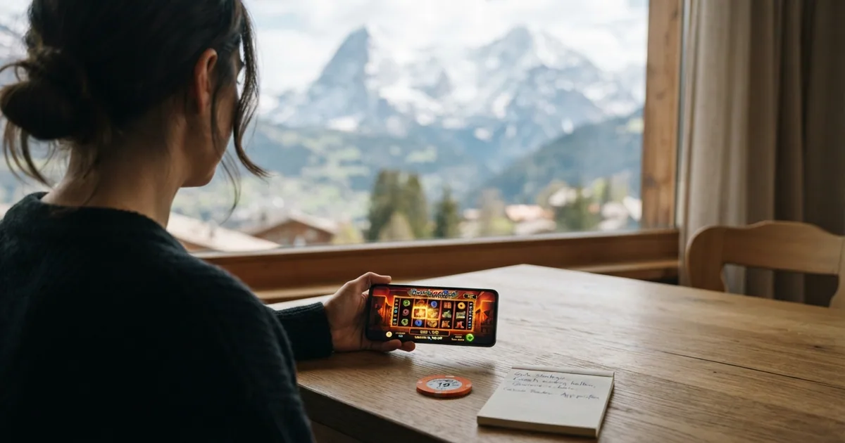 Ein Schweizer Spieler hält ein Smartphone mit geöffneter Casino-App und TWINT-Logo auf dem Bildschirm