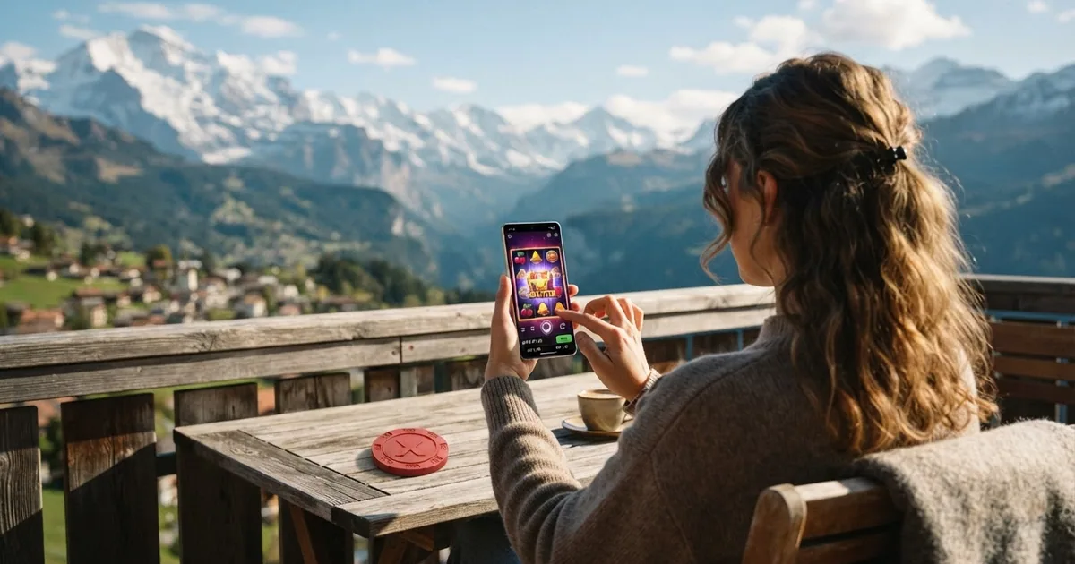 Schweizer Spielerin hält Smartphone mit Casino-Oberfläche in der Hand, Schweizer Alpenpanorama im Hintergrund