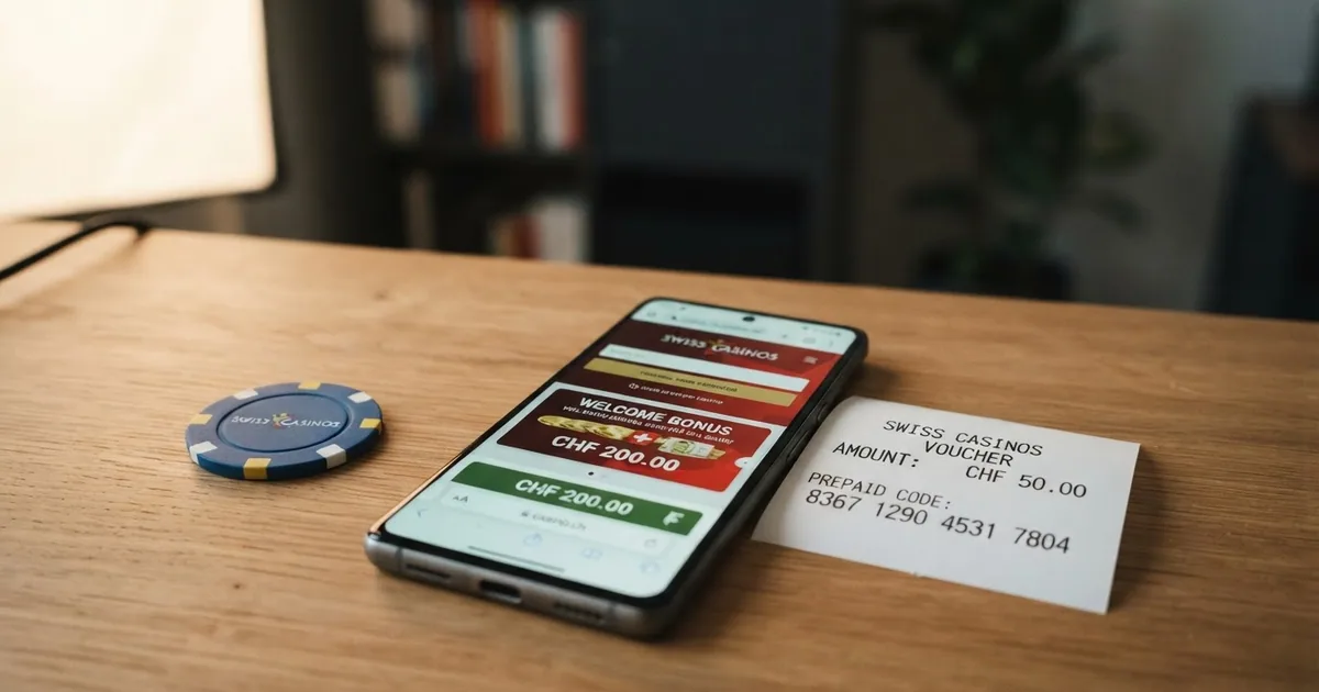 Eine Paysafecard und ein Smartphone mit einer Schweizer Casino-Startseite, dazwischen ein 16-stelliger Code auf einem Kassenzettel.