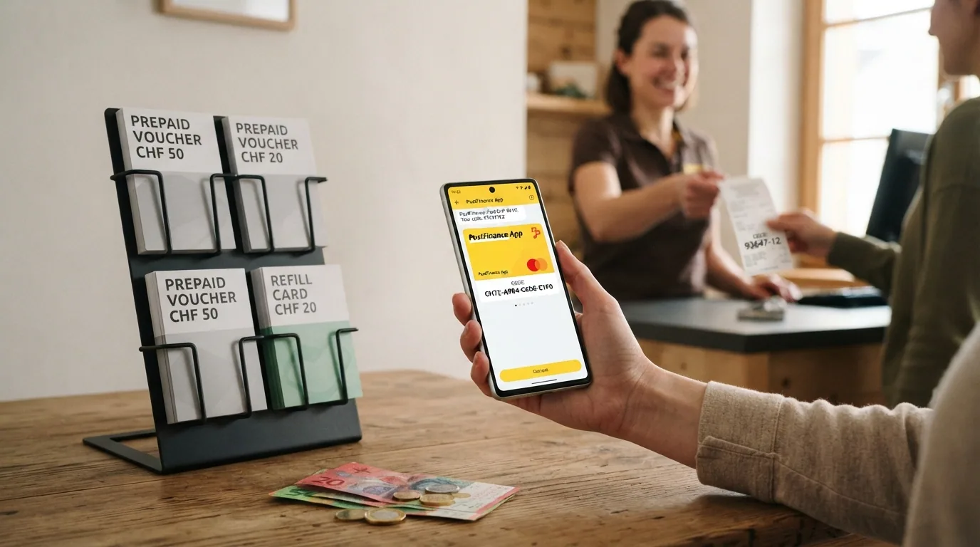Die vier Kaufwege für Paysafecard in der Schweiz: ein Kiosk-Verkaufsdisplay, die PostFinance-App auf einem Handy, eine SMS-Benachrichtigung und eine Tankstellen-Kasse.