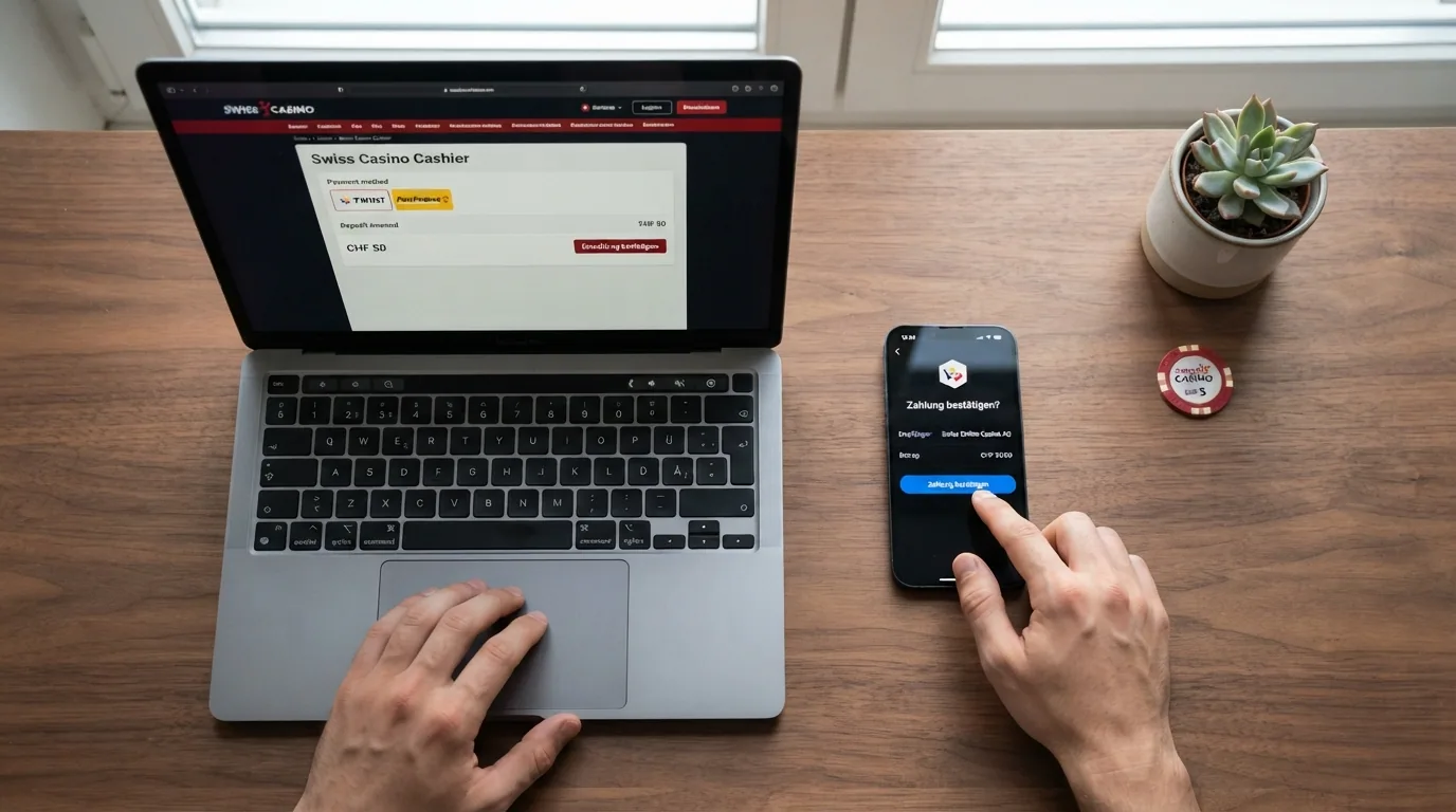 Grafische Schritt-für-Schritt-Darstellung einer PostFinance-Einzahlung in ein Online Casino mit Zahlungsbestätigung