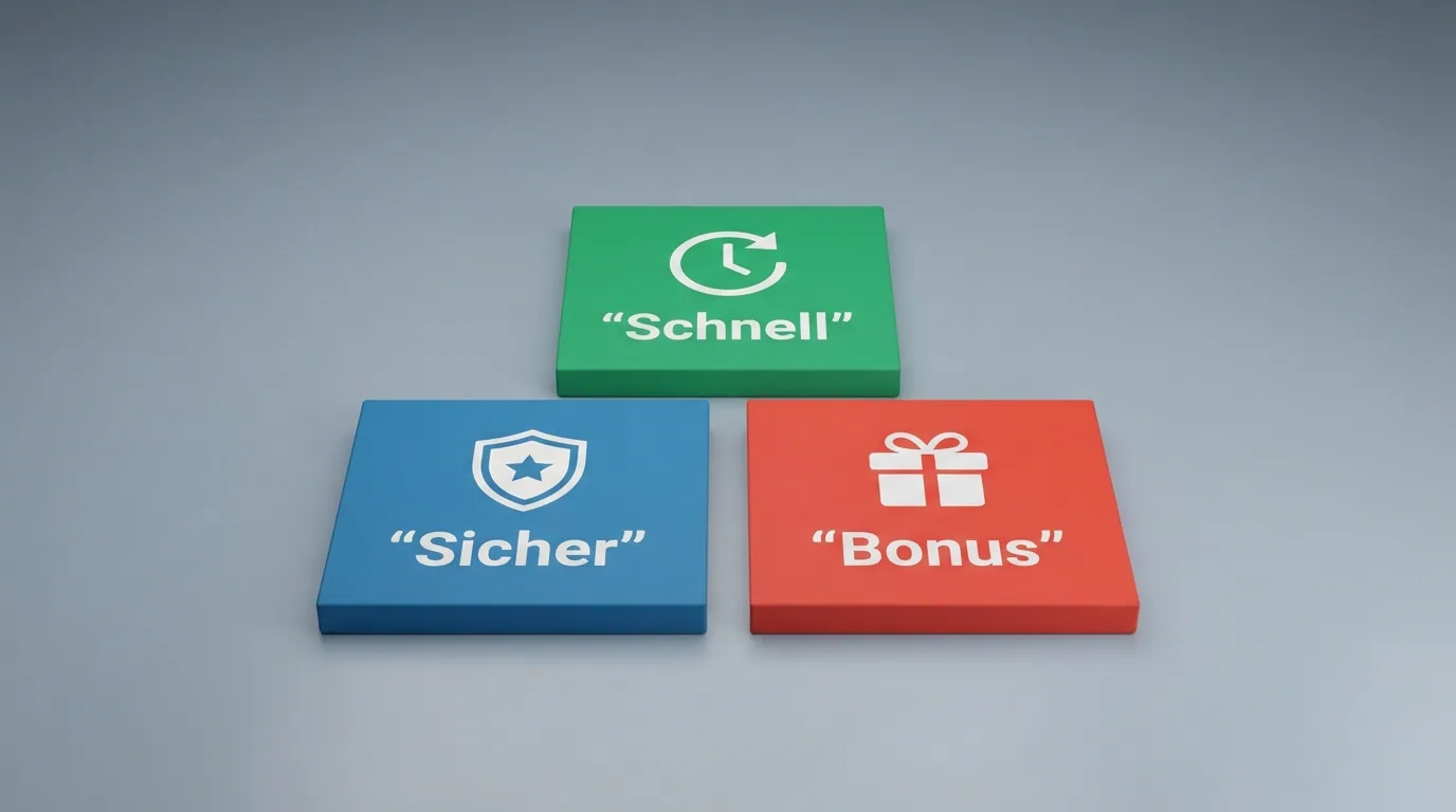 Entscheidungsbaum oder Checkliste mit den drei Faktoren Geschwindigkeit, Bonus-Bedingungen und Sicherheit