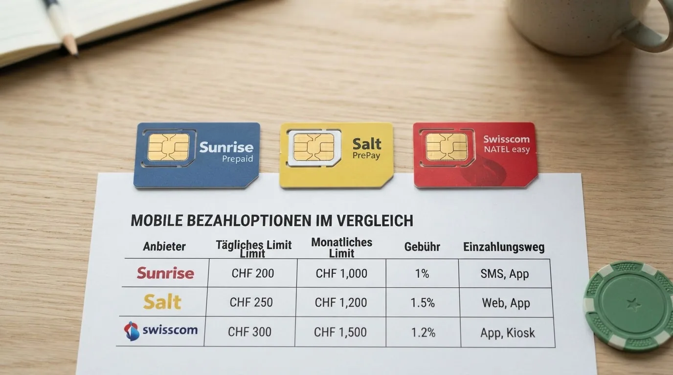 Drei Schweizer SIM-Karten mit Logos von Swisscom, Sunrise und Salt nebeneinander, darunter Limittabelle