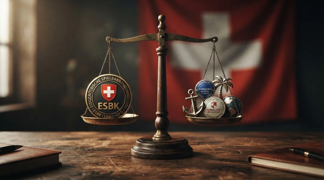 Waage-Symbolik: ESBK-Wappen auf der einen, Offshore-Lizenzlogos (MGA/Curaçao) auf der anderen Seite