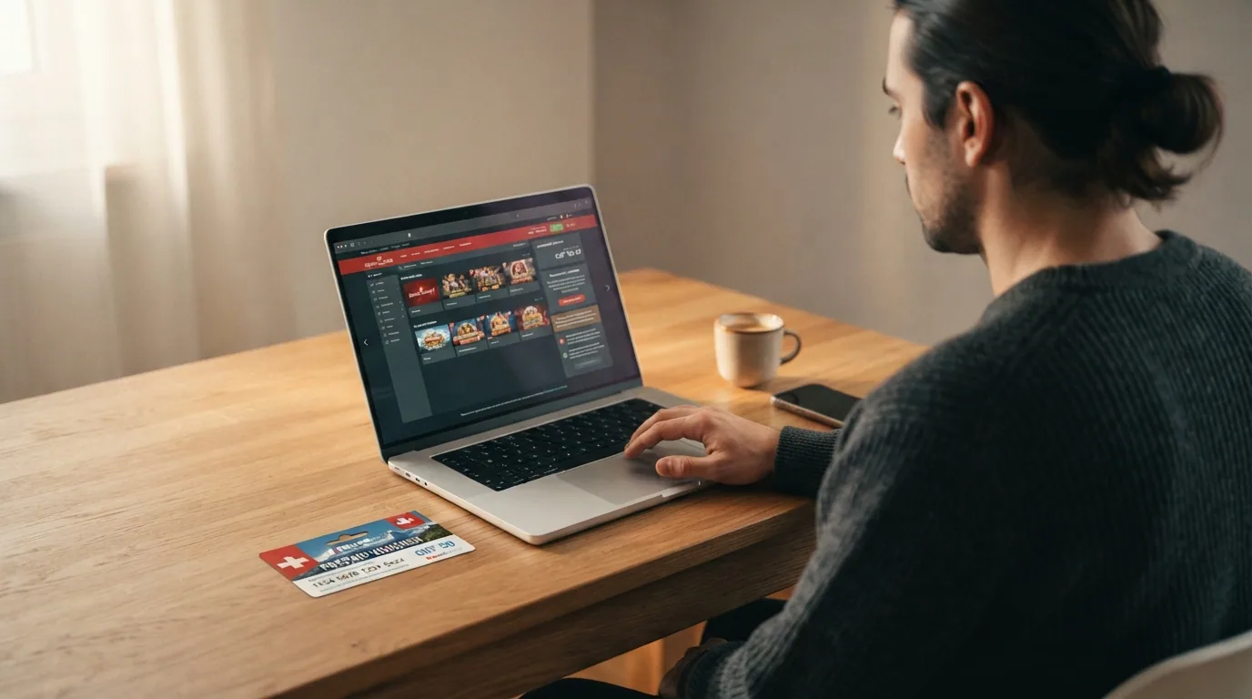 Ein Spieler sitzt entspannt vor dem Laptop, auf dem Bildschirm eine Schweizer Casino-Lobby, daneben eine Paysafecard mit sichtbarem myPaysafecard-Logo.