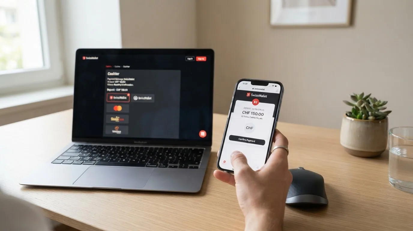 Smartphone mit geöffneter Skrill-App und sichtbarem Einzahlungsbetrag in CHF, daneben ein Casino-Willkommensbildschirm